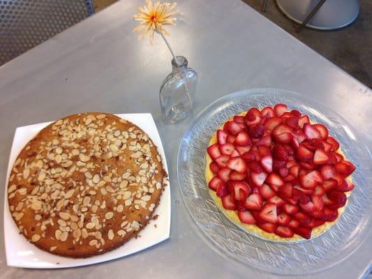 Fresh baked desserts! Almond cake and strawberry cheesecake!