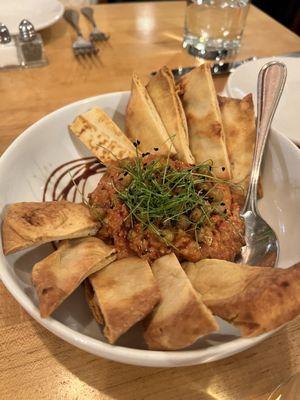 MUHAMMARA DIP Za'atar Chickpeas, Pomegranate Molasses, Naan Chips