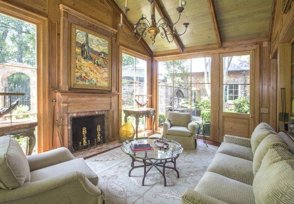 Cypress Mantle, Paneling, Pine Beams