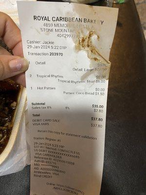 Receipt showing I ordered a large oxtail