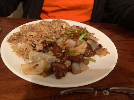 Mongolian beef with side of fried rice.