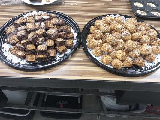 Chocolate brownie pretzels and macaroons all ready t serve