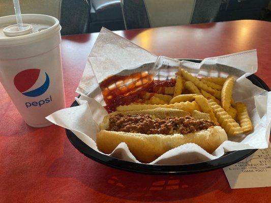 Yummy chili slaw dog with fries