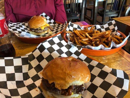 Carolina and Texas burgers and large fries.