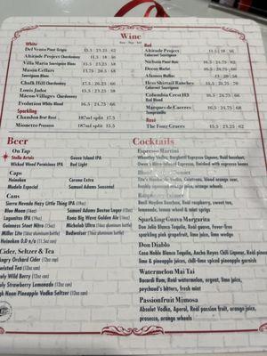 Drinks menu