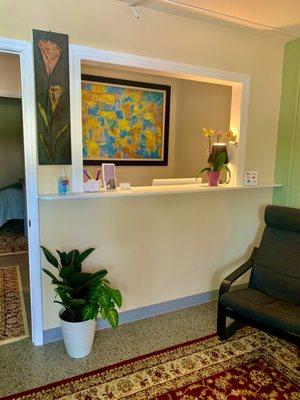 Beautiful and homey front desk area, friendly receptionist!