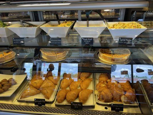 Meat Pies, Spinach Pies, Ham and Mushroom Quiche, Ham and Cheese Croissant.