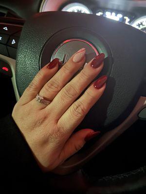 SNS Dip Power with Tip Extensions  Dark red and nude with a simple design.