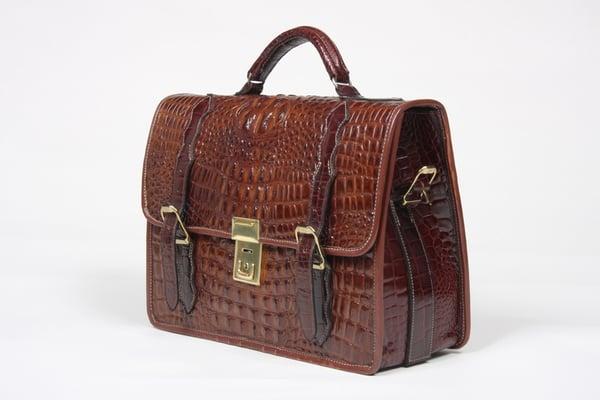 Alligator skin briefcase in chocolate finish.