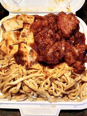 Garlic noodles, Mapo tofu and pork chops