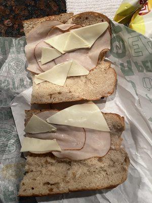 A 6" spread out on a footlong and charged for a footlong.  It should have 8 slices of Turkey!  What a rip-off!!