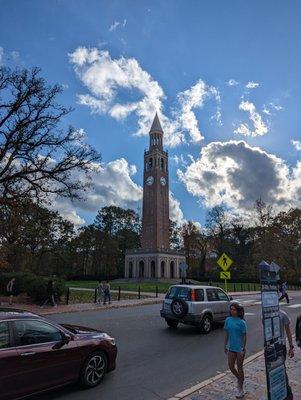 Morehead-Patterson Bell Tower on November 12, 2022. View from parking lot next to UNC Student Stores.