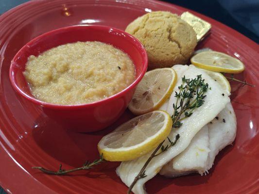 Lemon Sole, Cheesy Grits, Cornbread