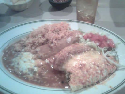 Spanish rice, refried beans, enchilada, tamale, and chile relleno