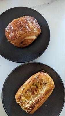 Top: chocolate croissant  Bottom: cherry tomato Danish (seasonal)