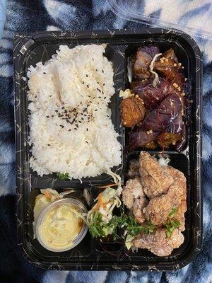 Bento box (chicken kaarage, nasu miso, rice, pickled vegetables, miso soup and side sauce)