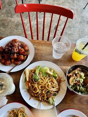 Orange tofu. Mixed veggie lo mein. Chicken wings.