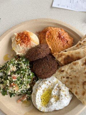 Falafel, tabouli, hummus, labne and Muhuramma