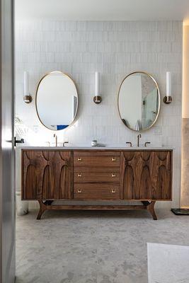 Brasilia Style Double Sink Vanity With Brass Pulls