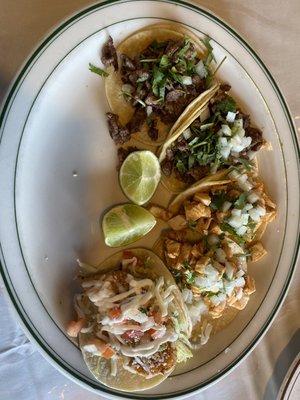 Fish taco, chicken tacos and asada (steak) tacos