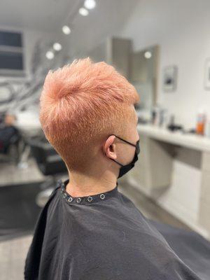 Custom peachy blonde color and KPop inspired cut by Bobby