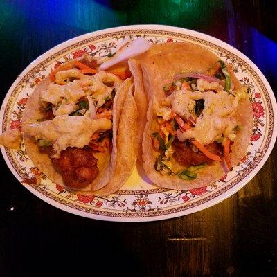 Fried chicken tacos w/ slaw and ghost pepper sauce