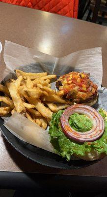 "Caribbean burger", with a side of cold fries