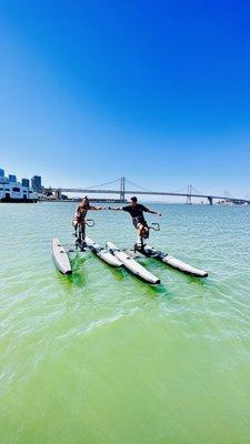 A couple enjoying a perfect Waterbiking date in San Francisco Bay.