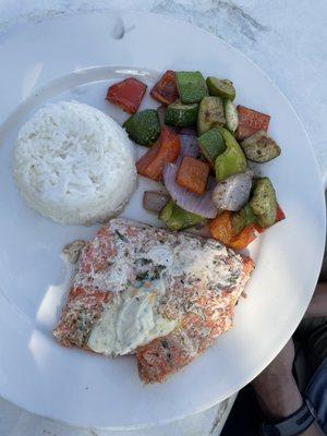 Salmon with veggies.