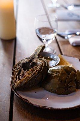 steam artichoke, butter bath