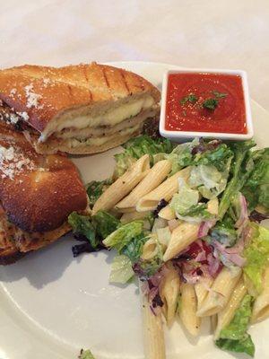 Chicken Parmesan panini and pasta salad