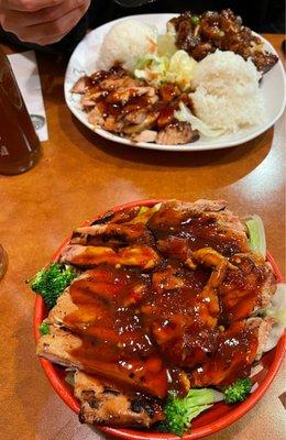 Top: chicken teriyaki and wok combo with general tso's Bottom: Spicy chicken teriyaki rice bowl