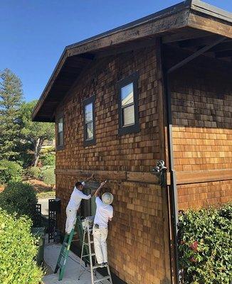 Exterior repaint on shingles, Larkspur, CA.