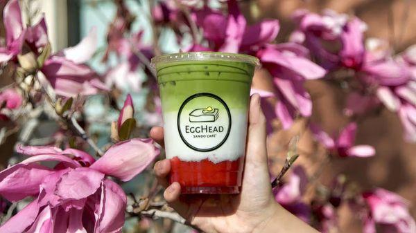 Strawberry matcha - in house made strawberry puree with our, your choice of milk, topped off with our premium organic matcha