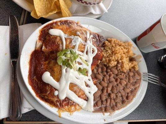 Beef enchiladas, rice and beans... DELICIOUS!!