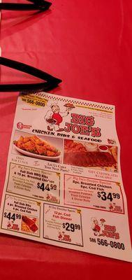 Current Flyer with Specials at Big Joe's Chicken, Ribs and Seafood!  9/20/2024