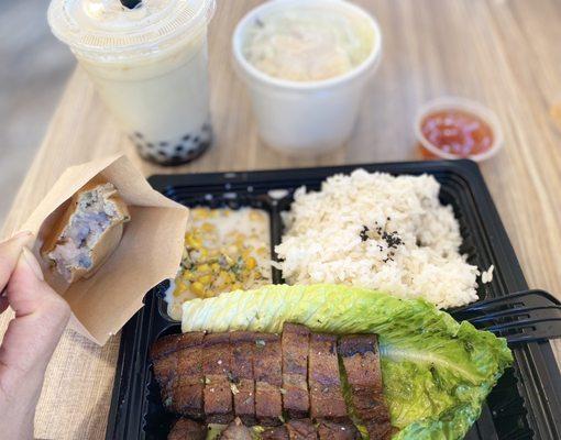 Hakka Pork Belly Rice Plate with taro wheel cake, jasmine milk tea boba