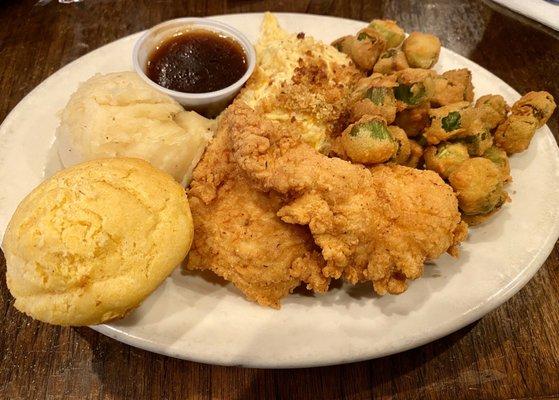 Fried chicken, squash casserole, mashed potatoes w/gravy and fried okra