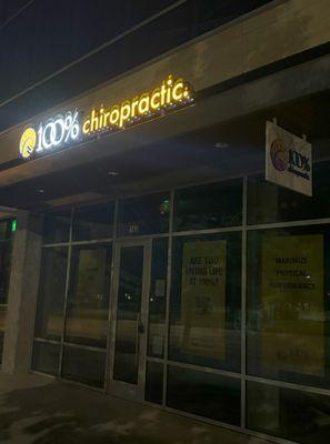 Lit channel letter sign at night for 100% Chiropractic Austin Rosedale. Impressively bright LEDs, low running costs.