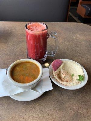 Lamb Vegetable Soup, Cobra juice, and Hummus