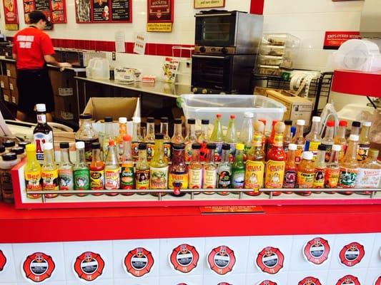 An array of hot sauce to spice up your sandwich ...