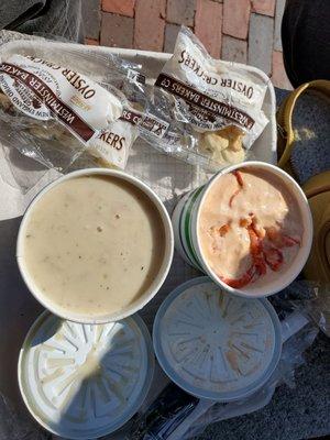 Covid-19 Dine Outside:  NE Clam Chowder and Lobster Bisque... Had better honestly... bisque had a good amount of lobster tho