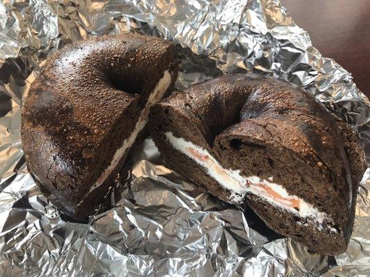 Pumpernickel bagel with lox spread