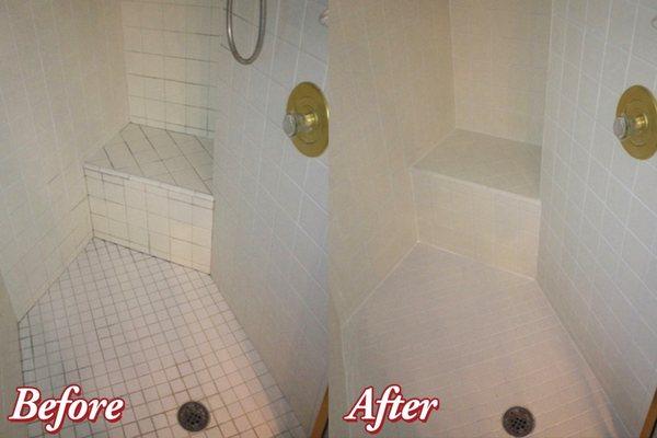 Cleaning the tile walls and floor of this shower with our Groutsmith Green Clean made this shower spa-like again!