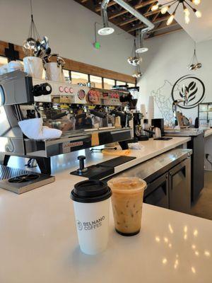 Hot pumpkin spice latte and Iced lavendar latte (both with oat milk) - tasty!