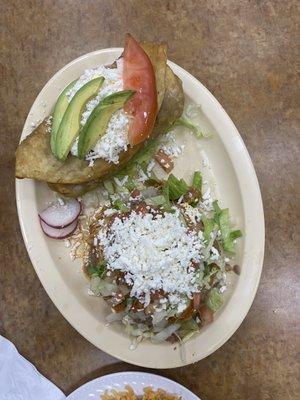 Chicken, Sope, and beef chimichanga