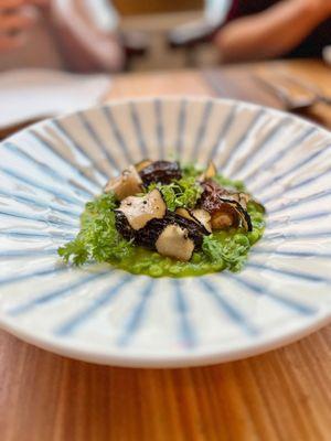 Nathan Matkowsky, May 2023 - Stuffed Morels, sweetbreads, English peas, summer truffle