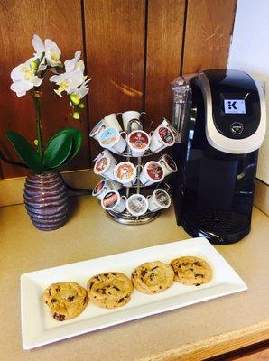 We offer coffee, chocolate chip cookies, weighted blankets, and heated neck wraps for your enjoyment and comfort!