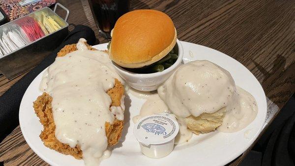 Chicken fried chicken, mashed potatoes and green beans