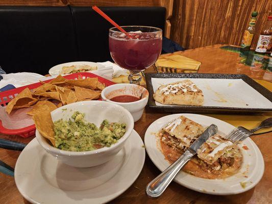 Guacamole sangria corn flour quesadilla and salsa with chips